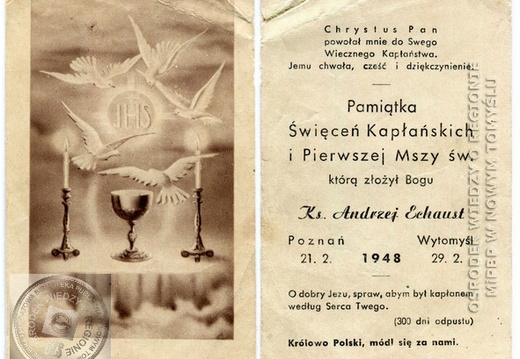 Obrazek wydany z okazji mszy prymicyjnej ks. Andrzeja Echausta.