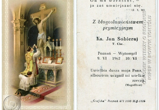 Obrazek wydany z okazji mszy prymicyjnej ks. Jana Sobieraja