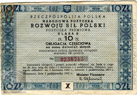 Obligacja - Narodowa Pożyczka Rozwoju Sił Polski 1951r.