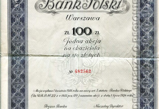 Bank Polski - Akcja 100zł wydana w 1934r.