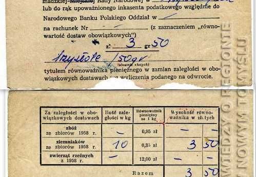 Nakaz płatniczy za nie wywiązanie się z obowiązkowych dostaw - 1958r.