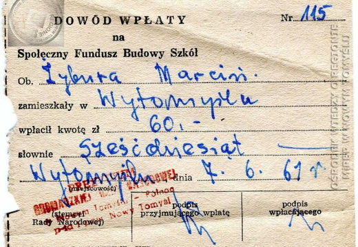 Dowód wpłaty na Społeczny Fundusz Budowy Szkół - 1961r.