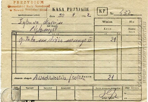 Kwit opłaty za stróża nocnego - 1962r.